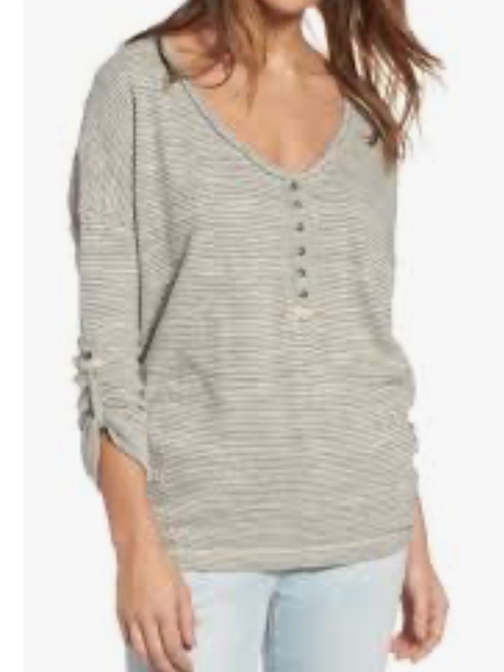 We The Free Striped Henley Top - Gray/White med